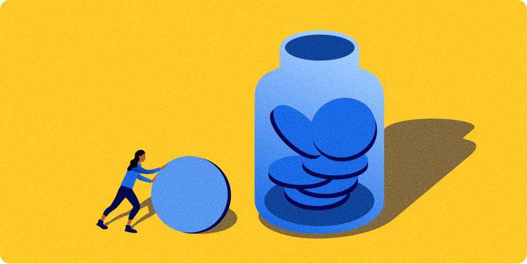 Person pushing a large blue coin toward a transparent jar filled with similar coins, on a yellow background with a long shadow cast by the jar.