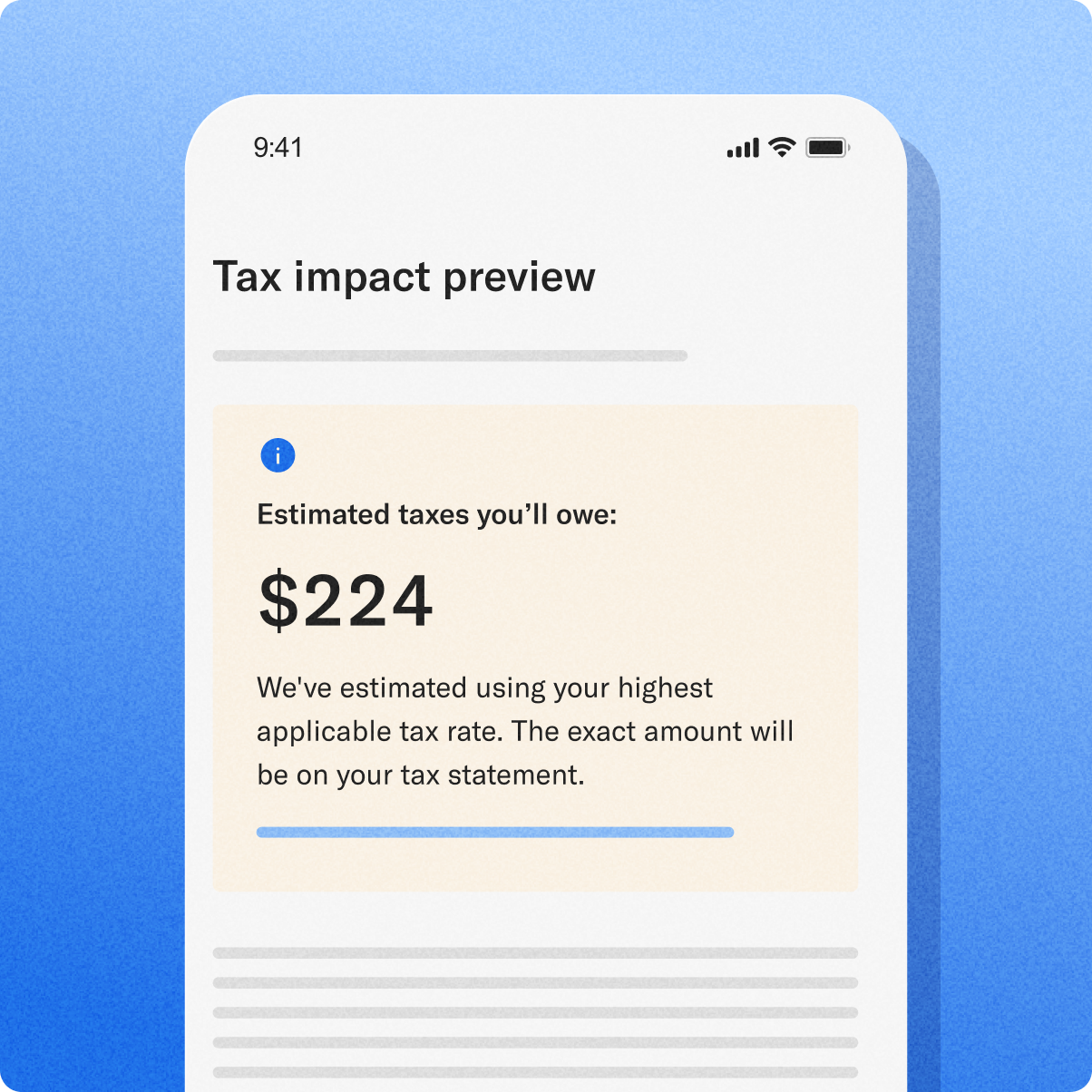 Illustration of an app interface showing a tax impact preview with an estimated $224 owed.